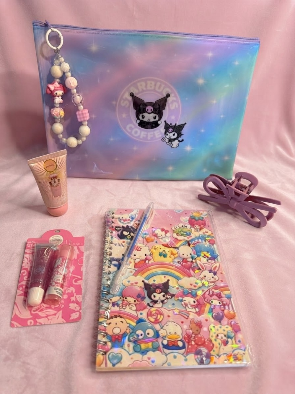 Starbucks Pastel Galaxy Zip Pouch with Purple Hair Clip and Pink Notebook